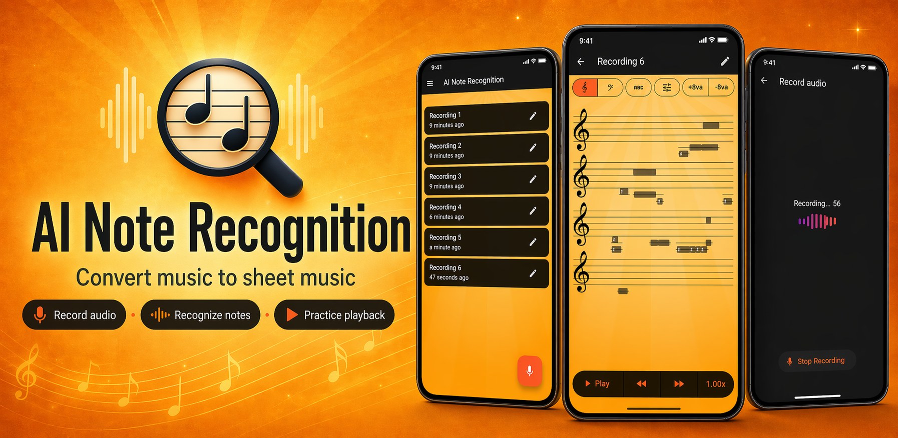 AI Note Recognition app banner showing audio recording and detected notes on a musical staff